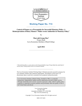 Control of Finance As a Prerequisite for Successful Monetary Policy: a Reinterpretation of Henry Simons's “Rules Versus Auth