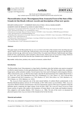 Phytoseiid Mites (Acari: Mesostigmata) from Araucaria Forest of the State of Rio Grande Do Sul, Brazil, with New Records and Descriptions of Four New Species