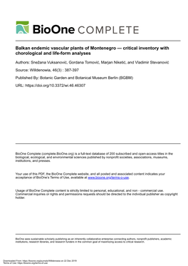 Balkan Endemic Vascular Plants of Montenegro — Critical Inventory with Chorological and Life-Form Analyses