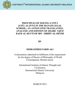 Principles of Issuing Fatw” (Uÿ'l Al-Ift”) in the Hanafi