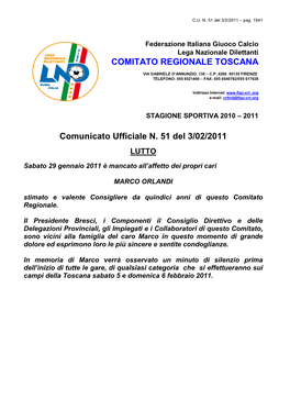 Comunicato Ufficiale N. 51 Del 3/02/2011 COMITATO REGIONALE