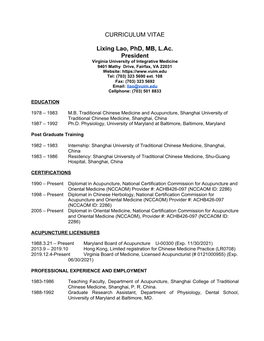 CURRICULUM VITAE Lixing Lao, Phd, MB, L.Ac. President