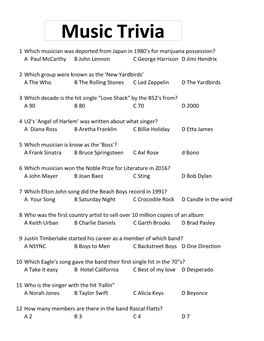 Music Trivia 1 Which Musician Was Deported from Japan in 1980'S for Marijuana Possession? a Paul Mccarthy B John Lennon C George Harrison D Jimi Hendrix