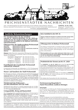 PRICHSENSTÄDTER NACHRICHTEN Amts- Und Mitteilungsblatt Der Stadt Prichsenstadt Mit Den Stadtteilen Altenschönbach, Bimbach, SAMSTAG, 20