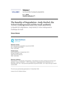 Andy Warhol, the Velvet Underground and the Trash Aesthetic La Banalité De La Dégradation : Andy Warhol, Le Velvet Underground Et L’Esthétique Du Trash