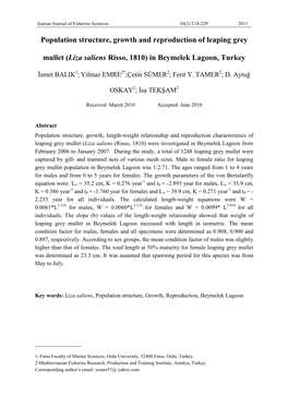 Population Structure, Growth and Reproduction of Leaping Grey Mullet