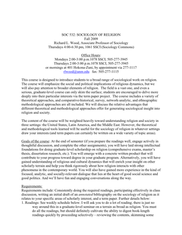 SOC 532: SOCIOLOGY of RELIGION Fall 2009 Richard L. Wood, Associate Professor of Sociology Thursdays 4:00-6:30 Pm, 1061 SSCI (Sociology Commons)
