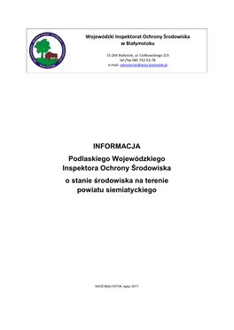 INFORMACJA Podlaskiego Wojewódzkiego Inspektora Ochrony Środowiska O Stanie Środowiska Na Terenie Powiatu Siemiatyckiego