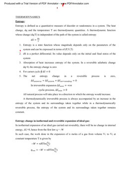 THERMODYNAMICS Entropy: Entropy Is Defined As a Quantitative Measure of Disorder Or Randomness in a System. the Heat Change, Dq