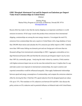 GHG Marginal Abatement Cost and Its Impacts on Emissions Per Import Value from Containerships in United States Abstract