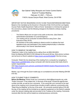 San Gabriel Valley Mosquito and Vector Control District Board of Trustees Meeting February 12, 2021 – 7:00 A.M