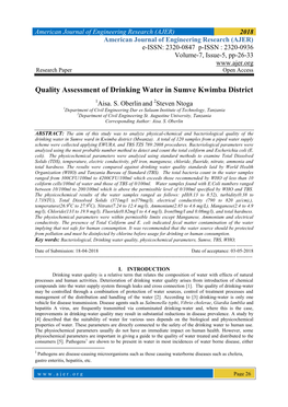 Quality Assessment of Drinking Water in Sumve Kwimba District