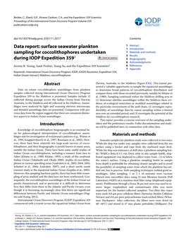 Surface Seawater Plankton Sampling for Coccolithophores Undertaken During IODP Expedition 359