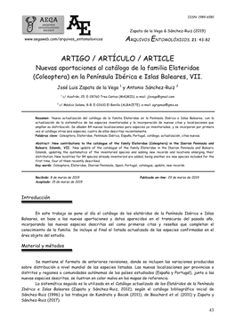 ARTIGO / ARTÍCULO / ARTICLE Nuevas Aportaciones Al Catálogo De La Familia Elateridae (Coleoptera) En La Península Ibérica E Islas Baleares, VII