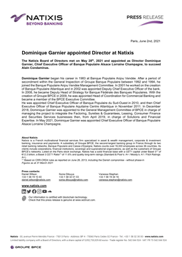 Dominique Garnier Appointed Director at Natixis