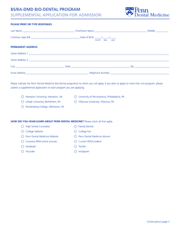 Bs/Ba-Dmd Bio-Dental Program Supplemental Application for Admission