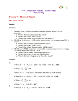 Intermediate Answer Key Chapter 19: Electrical Circuits
