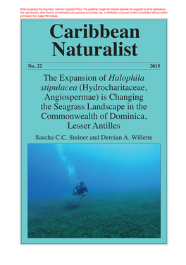 Halophila Stipulacea (Hydrocharitaceae, Angiospermae) Is Changing the Seagrass Landscape in the Commonwealth of Dominica, Lesser Antilles Sascha C.C