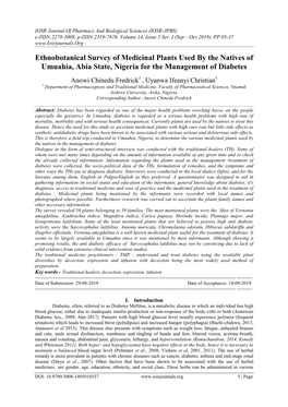 Ethnobotanical Survey of Medicinal Plants Used by the Natives of Umuahia, Abia State, Nigeria for the Management of Diabetes