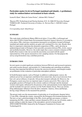 Particulate Matter Levels in Portugal (Mainland and Islands). a Preliminary Study for Outdoor/Indoor Environment in Basic Schools