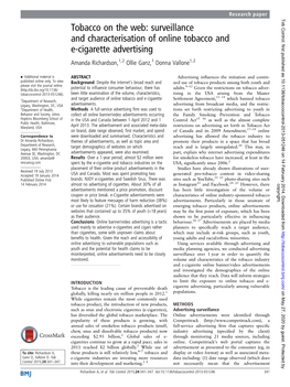 Surveillance and Characterisation of Online Tobacco and E-Cigarette Advertising Amanda Richardson,1,2 Ollie Ganz,1 Donna Vallone1,2