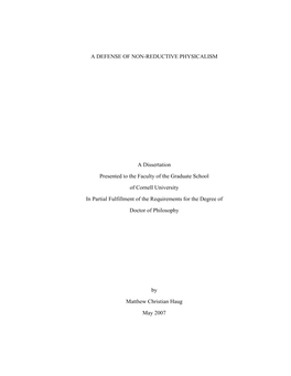 A DEFENSE of NON-REDUCTIVE PHYSICALISM a Dissertation