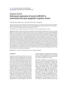 Original Article Decreased Expression of Serum Mir-647 Is Associated with Poor Prognosis in Gastric Cancer