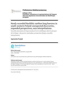 2014 Fonctions, Utilisations Et Représentations De L’Espace Dans Les Sépultures Monumentales Du Néolithique Européen