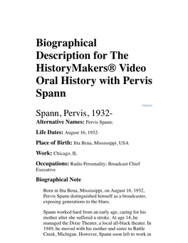 Biographical Description for the Historymakers® Video Oral History with Pervis Spann