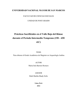 Prácticas Sacrificiales En El Valle Bajo Del Rímac Durante El Período Intermedio Temprano (150 – 650 D.C)