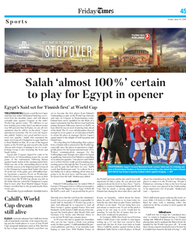 Salah ‘Almost 100%’ Certain to Play for Egypt in Opener