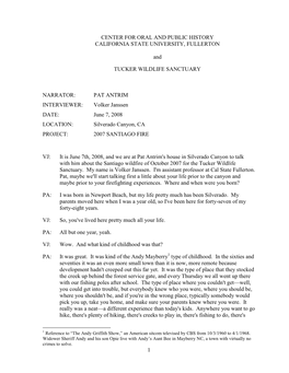 1 CENTER for ORAL and PUBLIC HISTORY CALIFORNIA STATE UNIVERSITY, FULLERTON and TUCKER WILDLIFE SANCTUARY NARRATOR: PAT ANTRIM