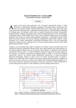 Groundwater Reserves in August 2009 Vgusta Je Bilo Stanje Zalog