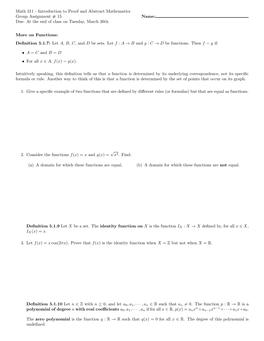 Math 311 - Introduction to Proof and Abstract Mathematics Group Assignment # 15 Name: Due: at the End of Class on Tuesday, March 26Th