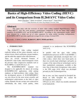 Basics of High-Efficiency Video Coding (HEVC) and Its Comparison from H.264/AVC Video Codec Imran Ullah Khan [1] Mohd