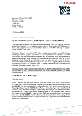 Home Builders Federation (HBF) on the Draft Islington Local Plan Regulation 19 Consultation Version