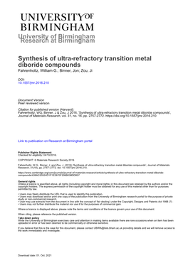 University of Birmingham Synthesis of Ultra-Refractory Transition Metal