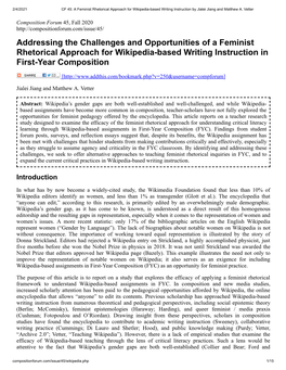Addressing the Challenges and Opportunities of a Feminist Rhetorical Approach for Wikipedia-Based Writing Instruction in First-Year Composition