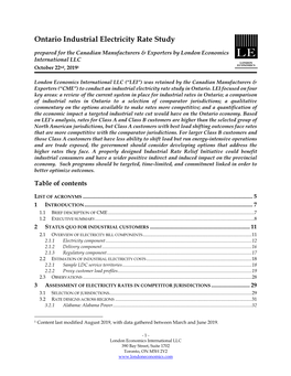 Ontario Industrial Electricity Rate Study Prepared for the Canadian Manufacturers & Exporters by London Economics International LLC October 22Nd, 20191