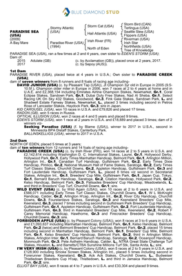 PARADISE SEA Hail Atlantis (USA) Flippers (USA) (USA) (2009) Riverman (USA) Irish River (FR) a Bay Mare Paradise River (USA) Irish Star