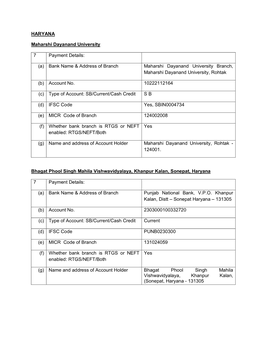 HARYANA Maharshi Dayanand University 7 Payment Details