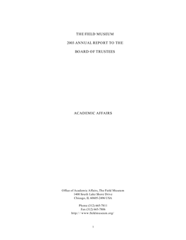 The Field Museum 2003 Annual Report to the Board Of