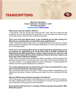 QB Jimmy Garoppolo Press Conference – November 7, 2019 San Francisco 49Ers Listen to Audio I Media Center