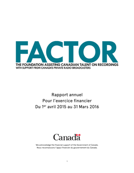 Rapport Annuel Pour L'exercice Financier Du 1Er Avril 2015 Au 31 Mars 2016