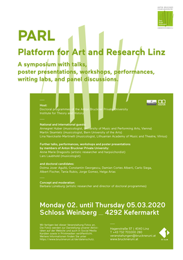 Platform for Art and Research Linz a Symposium with Talks, Poster Presentations, Workshops, Performances, Writing Labs, and Panel Discussions