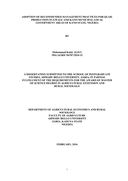 Adoption of Recommended Management Practices for Quail Production in Gwale and Kano Municipal Local Government Areas of Kano State, Nigeria