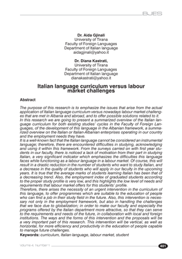 BJES Italian Language Curriculum Versus Labour Market Challenges