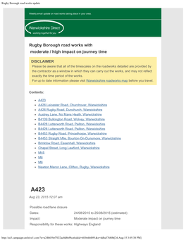 Rugby Borough Road Works Update