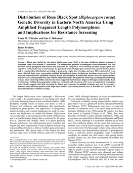 Diplocarpon Rosae) Genetic Diversity in Eastern North America Using Ampliﬁed Fragment Length Polymorphism and Implications for Resistance Screening