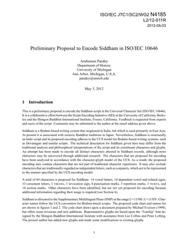 N4185 Preliminary Proposal to Encode Siddham in ISO/IEC 10646